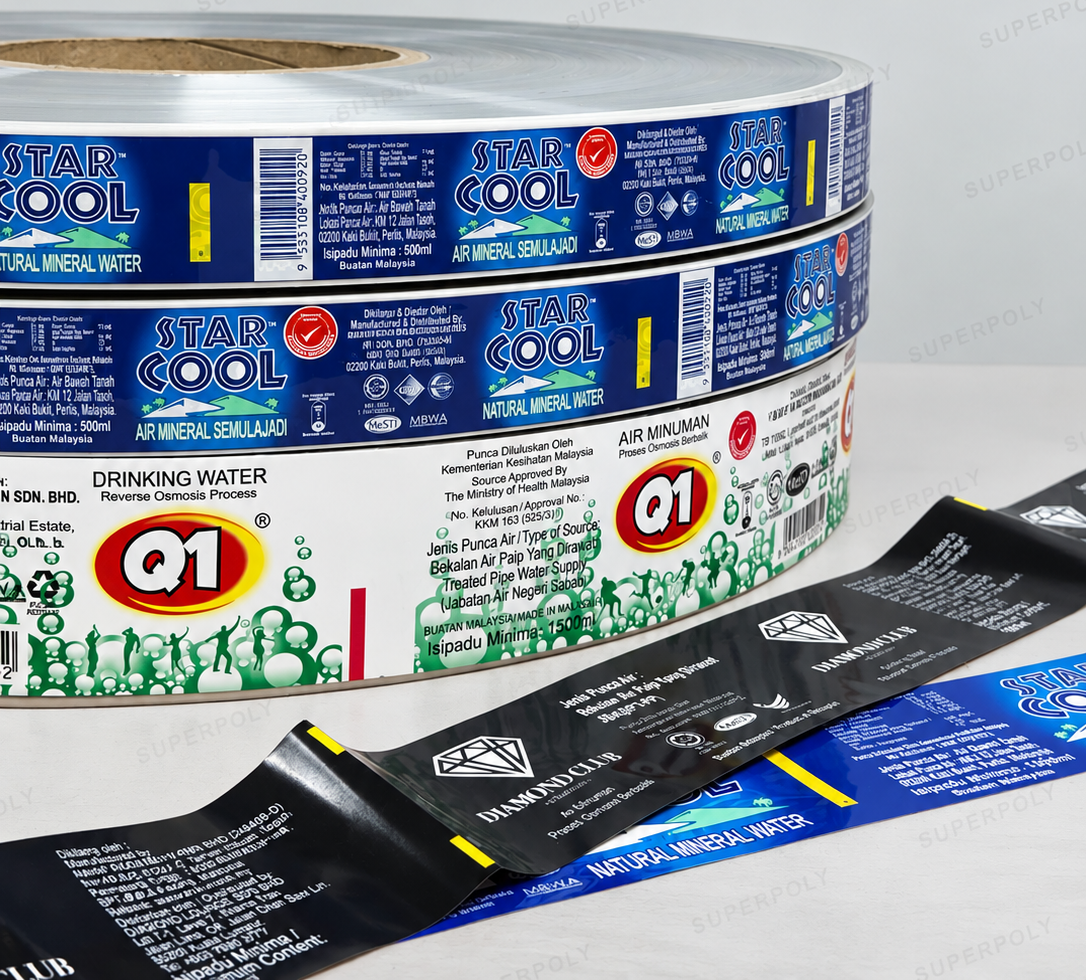 Rolls of printed OPP wraparound labels (Star Cool, Q1, Diamond Club)