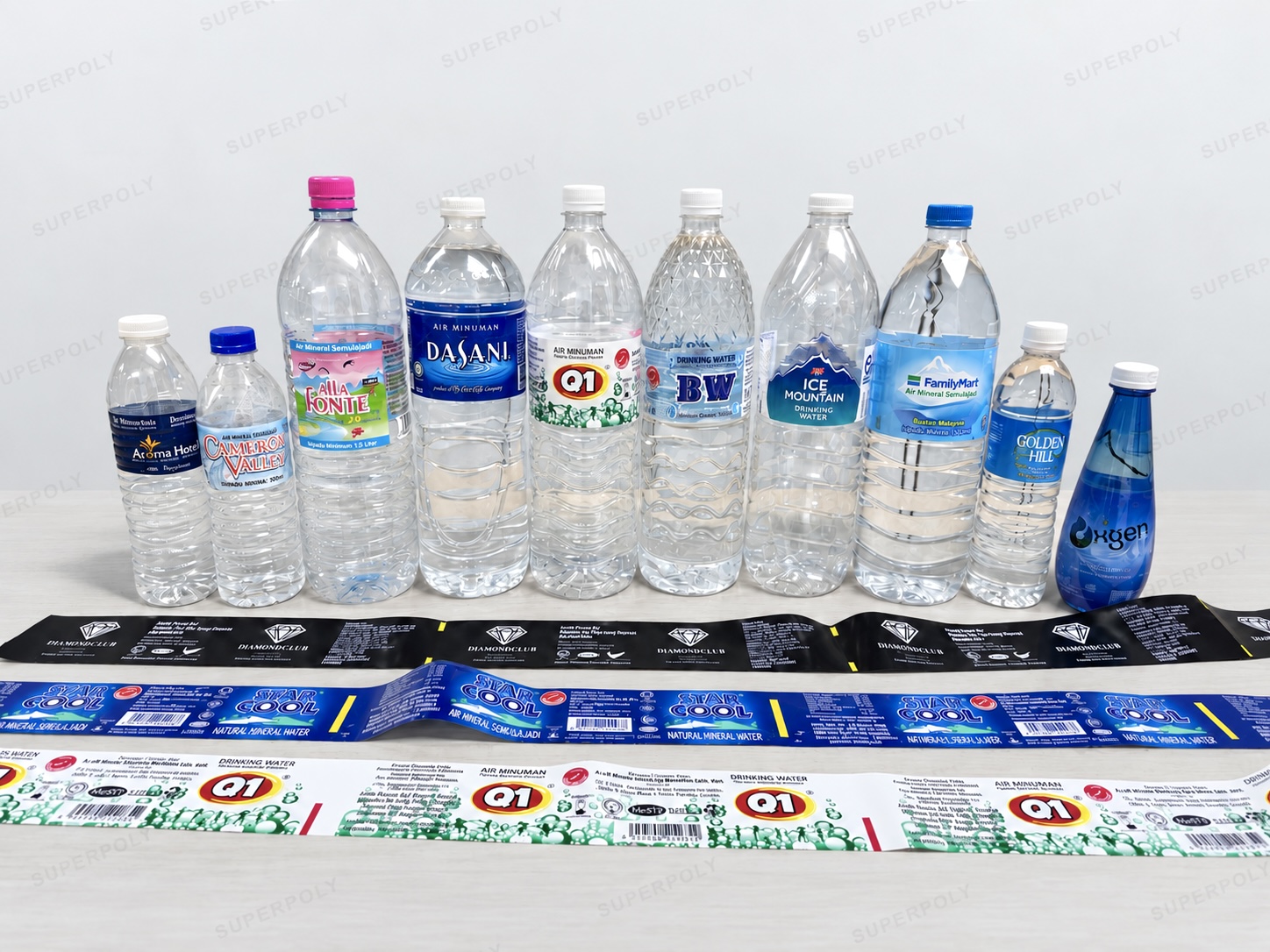 Assorted bottled water and beverage brands labelled with OPP wraparound labels, with unrolled label strips in front